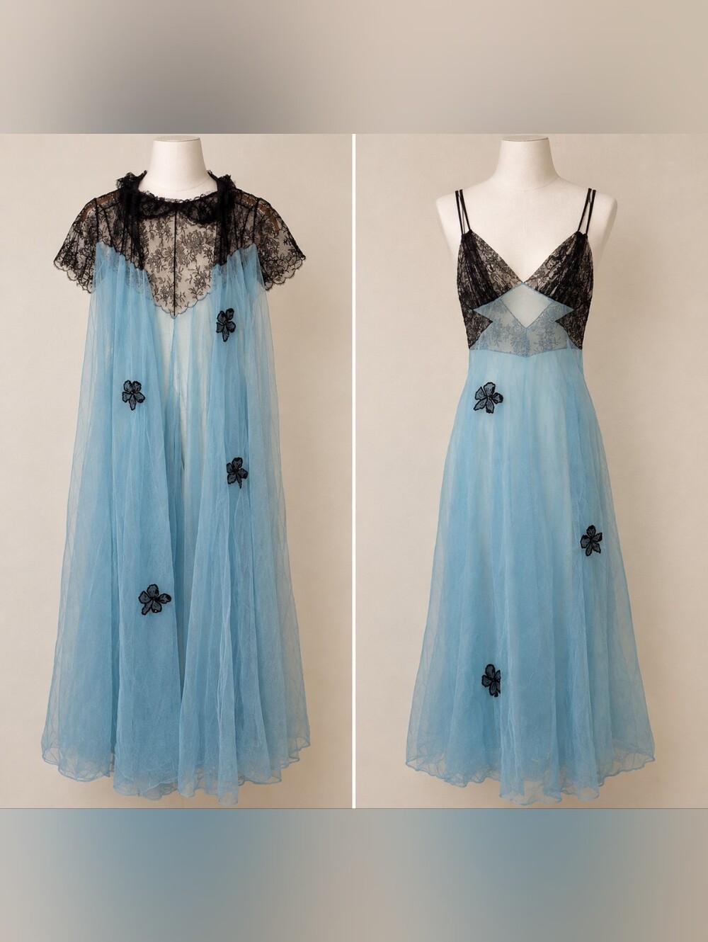 ♤ Vintage Lucie Ann Sheer Light Blue Nightgown with Black Lace Bodice